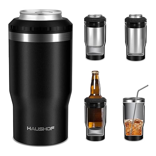 HAUSHOF 12 oz Can Cooler, 4 in 1 Insulated Stainless Steel Can Insulator, Fits for 12 oz Standard Can| Slim Can|12 oz Beer Bottle, Perfect for Camping, Beach, Picnic