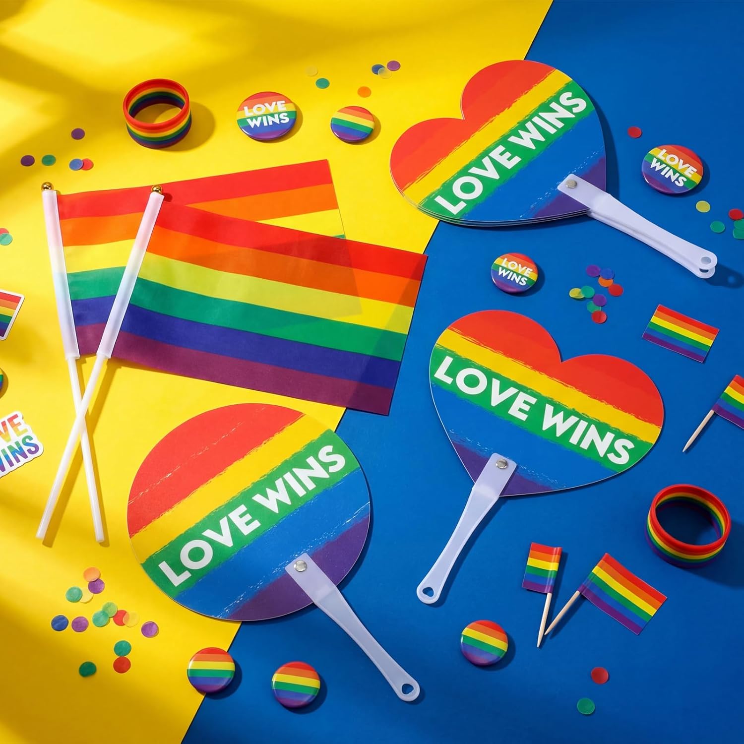 DoubleFill 100 Pcs Pride Accessories Bulk 50 Rainbow Hand Fans Love Wins and 50 Pride Flags LGBT Heart and Round Shape Rainbow Decorative for LGBTQ Month Parades Celebrations Gay Party Supplies
