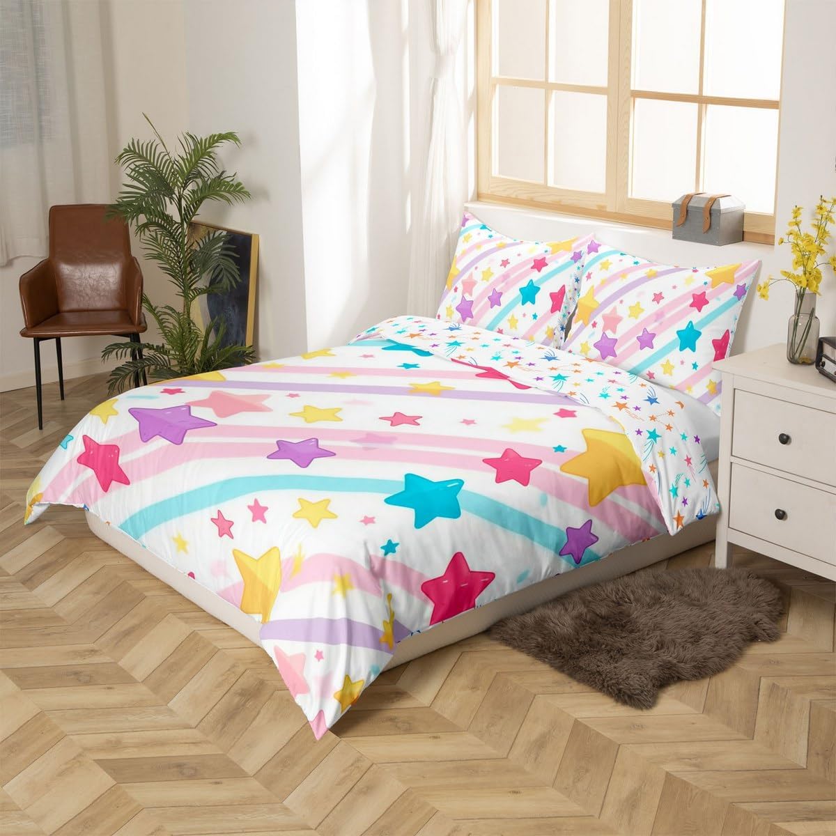 Cartoon Star Printed Duvet Cover Set Toddler Size,Geometric Stripes Pattern Bedding Set Kids Boys Girls Room Decor,Girly Princess Style Comforter Cover 2Pcs,White Modern Bedspreads Cover,1 Pillowcase