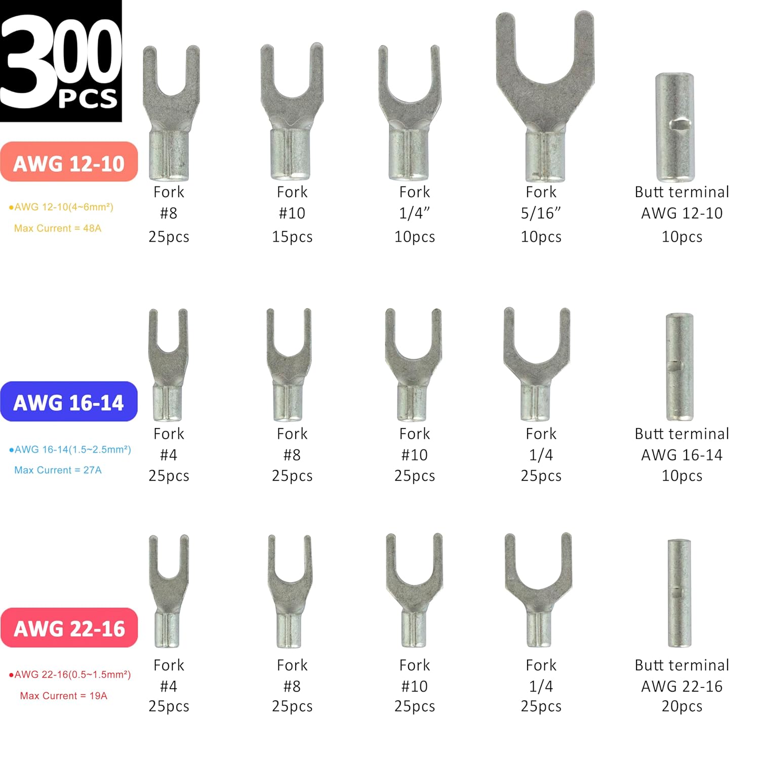 300Pcs AWG 22-16 16-14 12-10 Non-Insulated Butted Seam Block Fork Terminal Assortment Kit U-Type Crimp Terminals Tinned Copper Wire Connectors