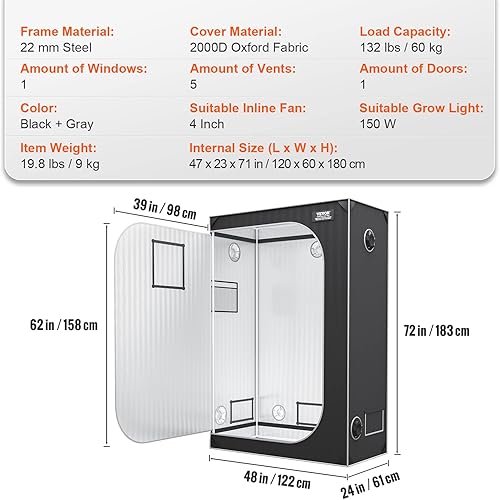Miniatura 7 de VEVOR Tienda de cultivo hidropónica de 2 x 4, 48 x 24 x 72 pulgadas, tienda de cultivo hidropónico de Mylar 2000D con ventana de observación, bolsa