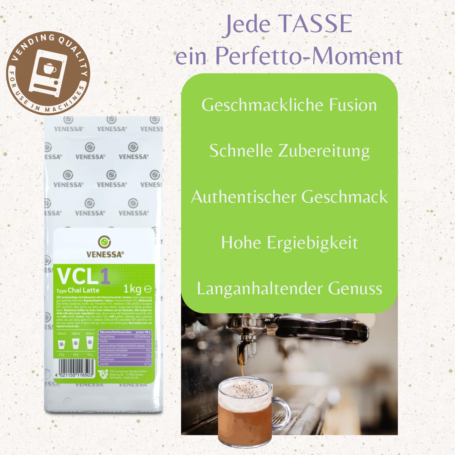 VENESSA VCL1 Chai Latte 20 x 1 kg ekonomiczne opakowanie – wysokiej jakości herbata mleczna w proszku do automatów Vending, wysoka wydajność, rozpuszczalna, w woreczku chroniącym aromat