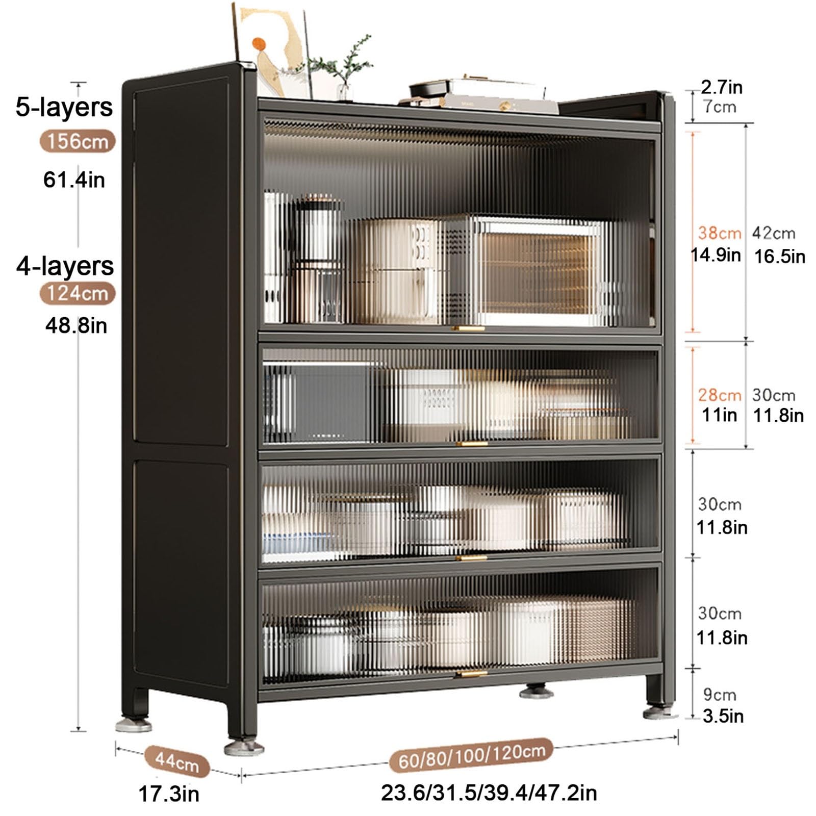Küchenschrank mit 4 Ebenen/5 Ebenen, stilvolles S-Regal mit Klapptür, Mikrowellenständer und verstellbaren Regalen für Gewürze, Töpfe und Pfannen, 100 cm, platzsparender Organizer