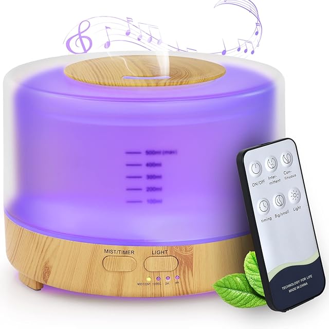 Hianjoo Bluetooth Humidifier 4 in 1 Aroma Diffuser, Essential Oil Diffuser, 500ml BPA Free Ultrasonic Aromatherapy Scented Oil Diffuser Humidifier with 7 Colors Ambient Light for Home, Office