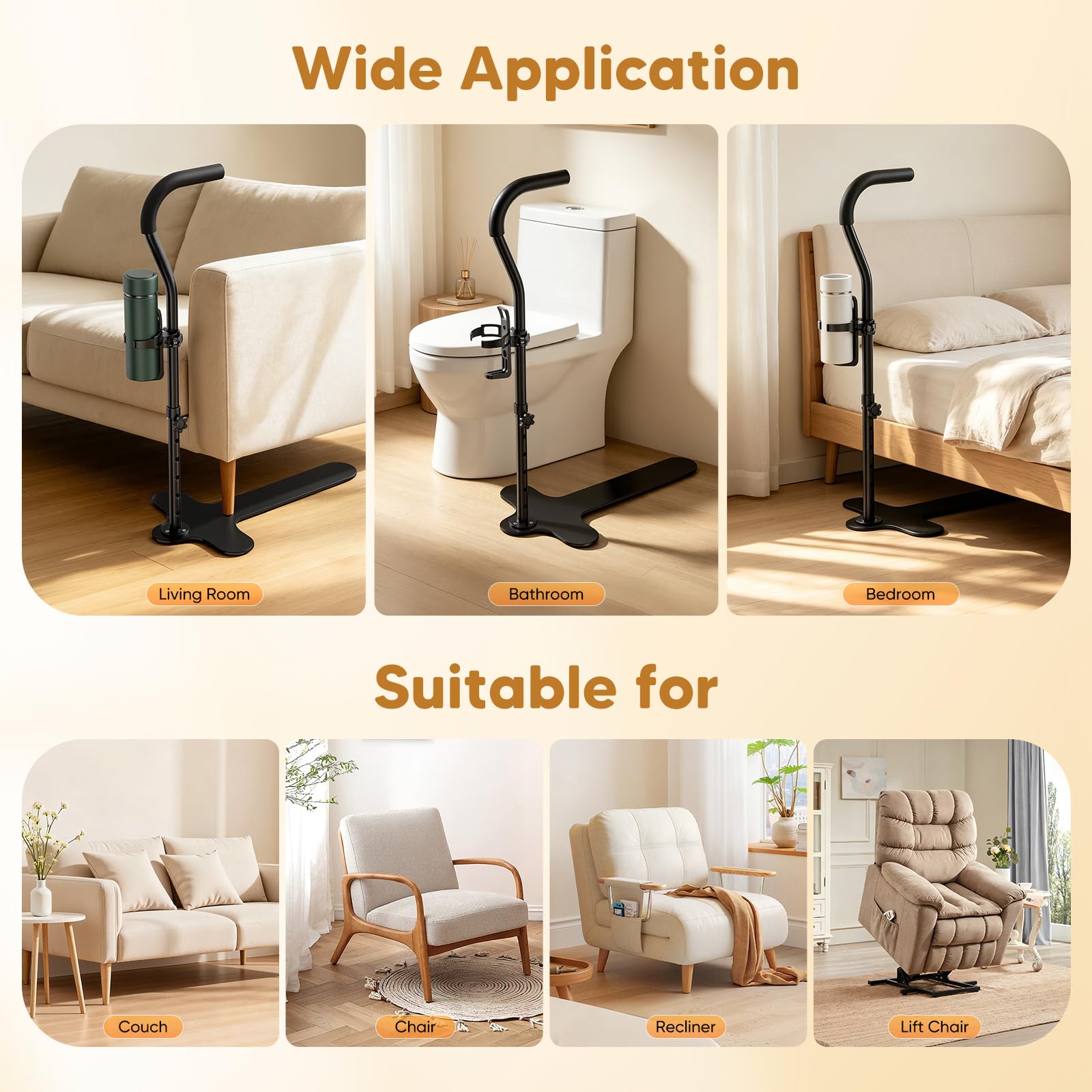 Ayuda para Levantarse del Sofá/Silla/Cama MAX 180 kg, Soporte para Levantarse Antideslizante con Portavasos, Barra de Ayuda con 6 Alturas Ajustables para Ancianos, Mayores, Discapacitados, Pacientes