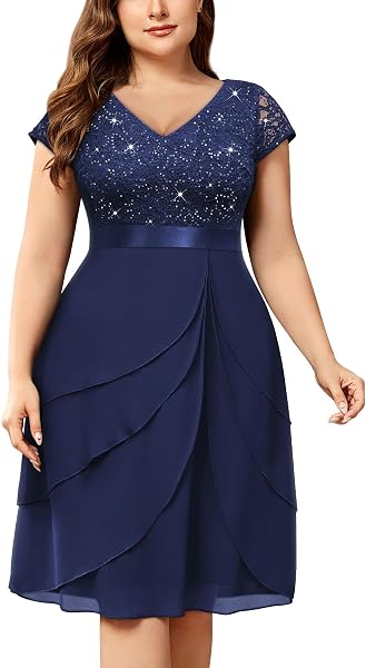 Women's Plus Size Sequin Lace V Neck Ruffle Tiered Chiffon Cocktail Pa...