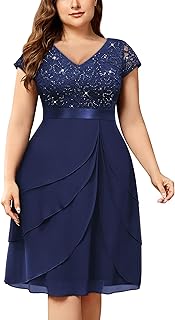 Women's Plus Size Sequin Lace V Neck Ruffle Tiered Chiffon Cocktail Party Dress - Buy now
