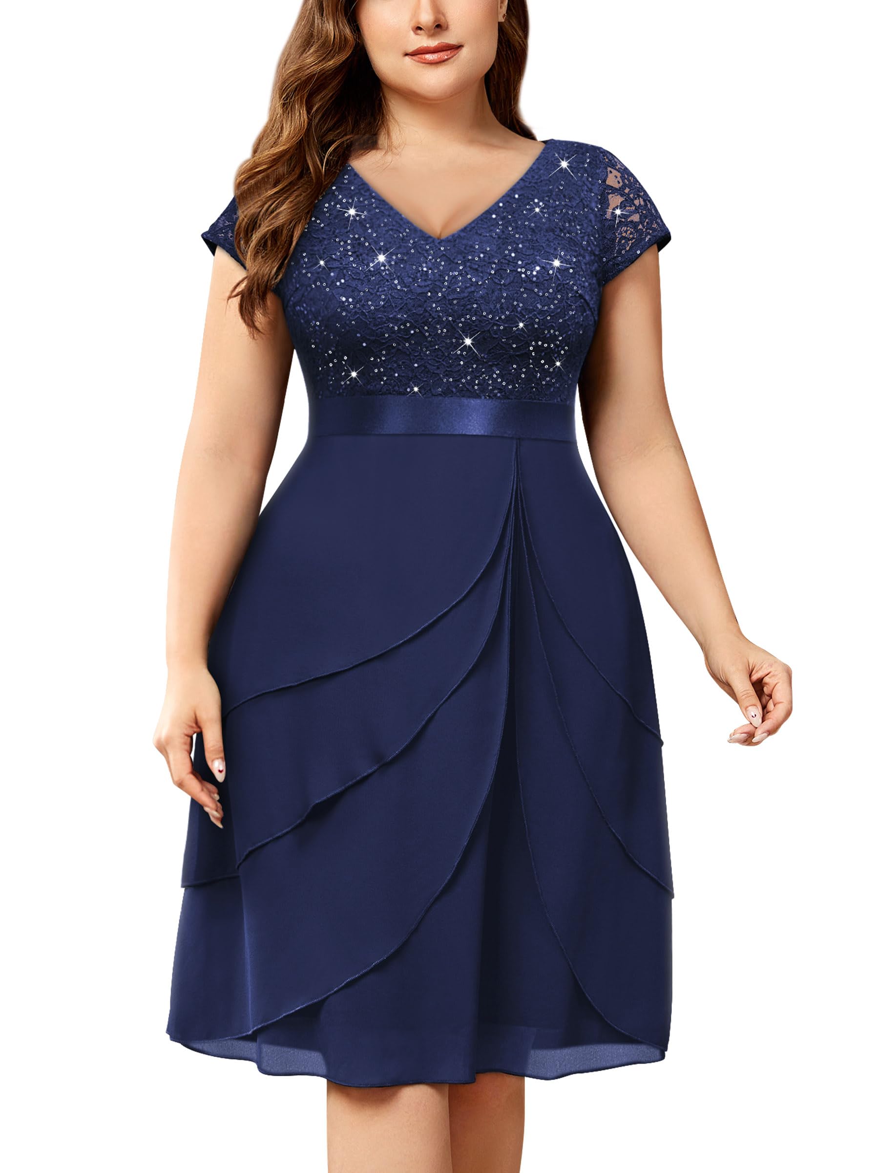 Miusol Women's Plus Size Sequin Lace V Neck Ruffle Tiered Chiffon Cocktail Party Dress
