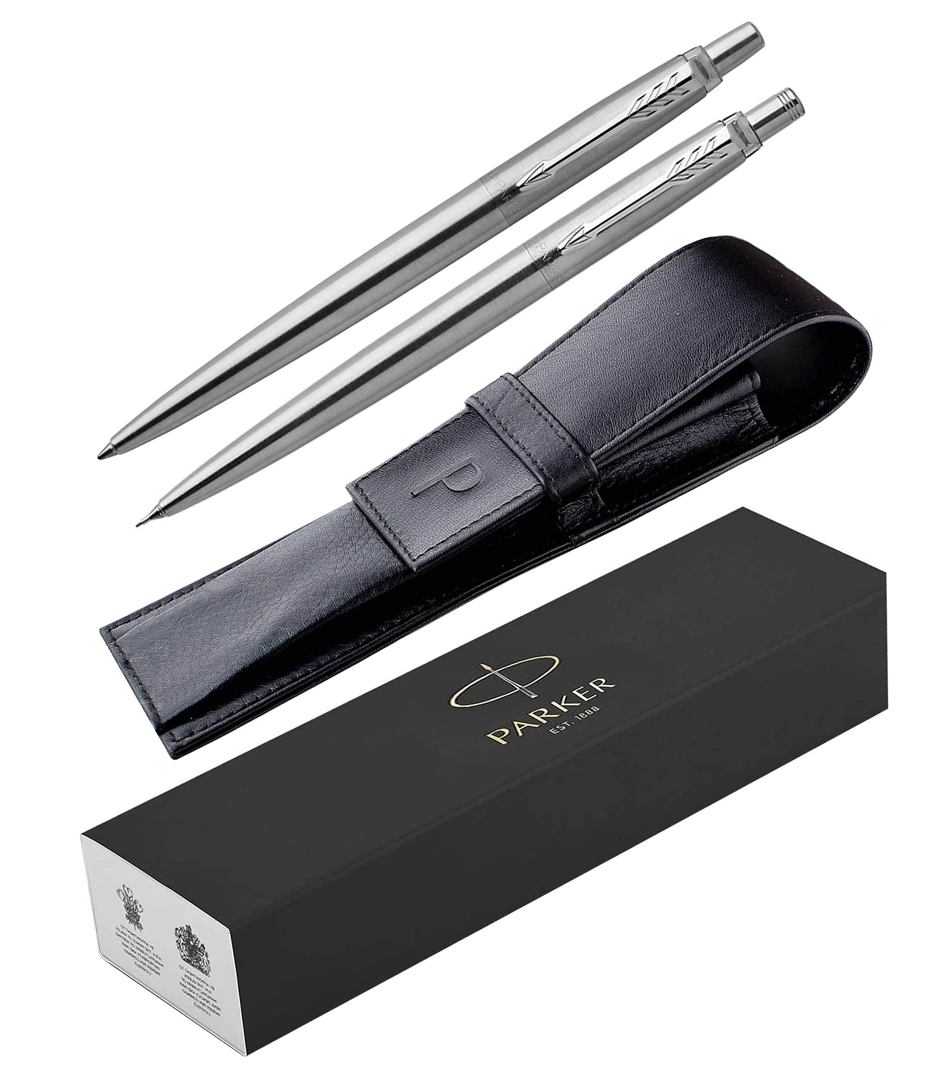 PARKER Personalised Engraving Jotter with Genuine Leather Pouch - Black Ink Available in 15 Colours. A Thoughtful Gift for Any Special Occasion Gifts Men & Women (Stainless Steel Pen Pencil)
