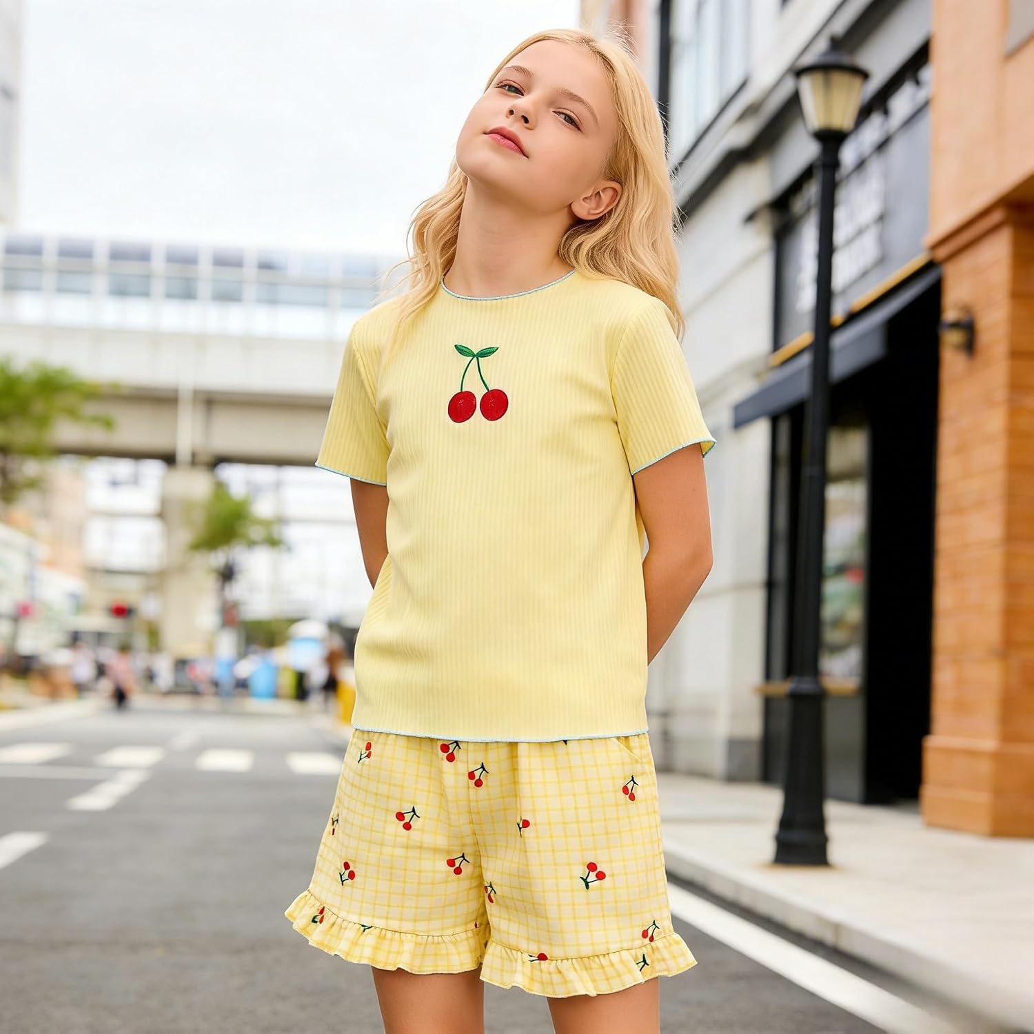 Yoxindax Tween Girls Summer 2-Piece Outfit Set - Crew Neck Short Sleeve T-Cherry Print Shorts 7-14Y Summer Clothes