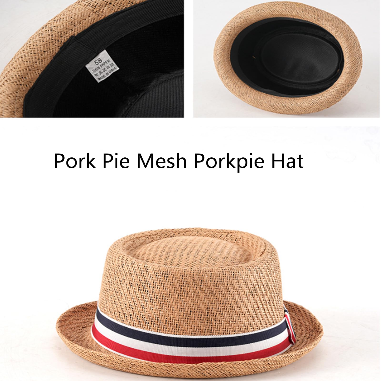 HEYANN Pork Pie, cappello di paglia da uomo Pork Pie Fedora, 58 cm, cappello estivo per uomini e donne, Bowler Flat Top parasole classico