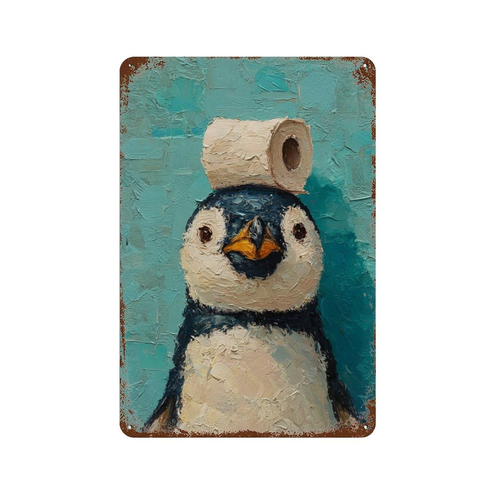 Penguin with Toilet Paper on Head-2 11.8"x7.9" Rust Effect Tin Sign, Vintage Wall Decor for Farmhouse, Kitchen And Entryway Decor