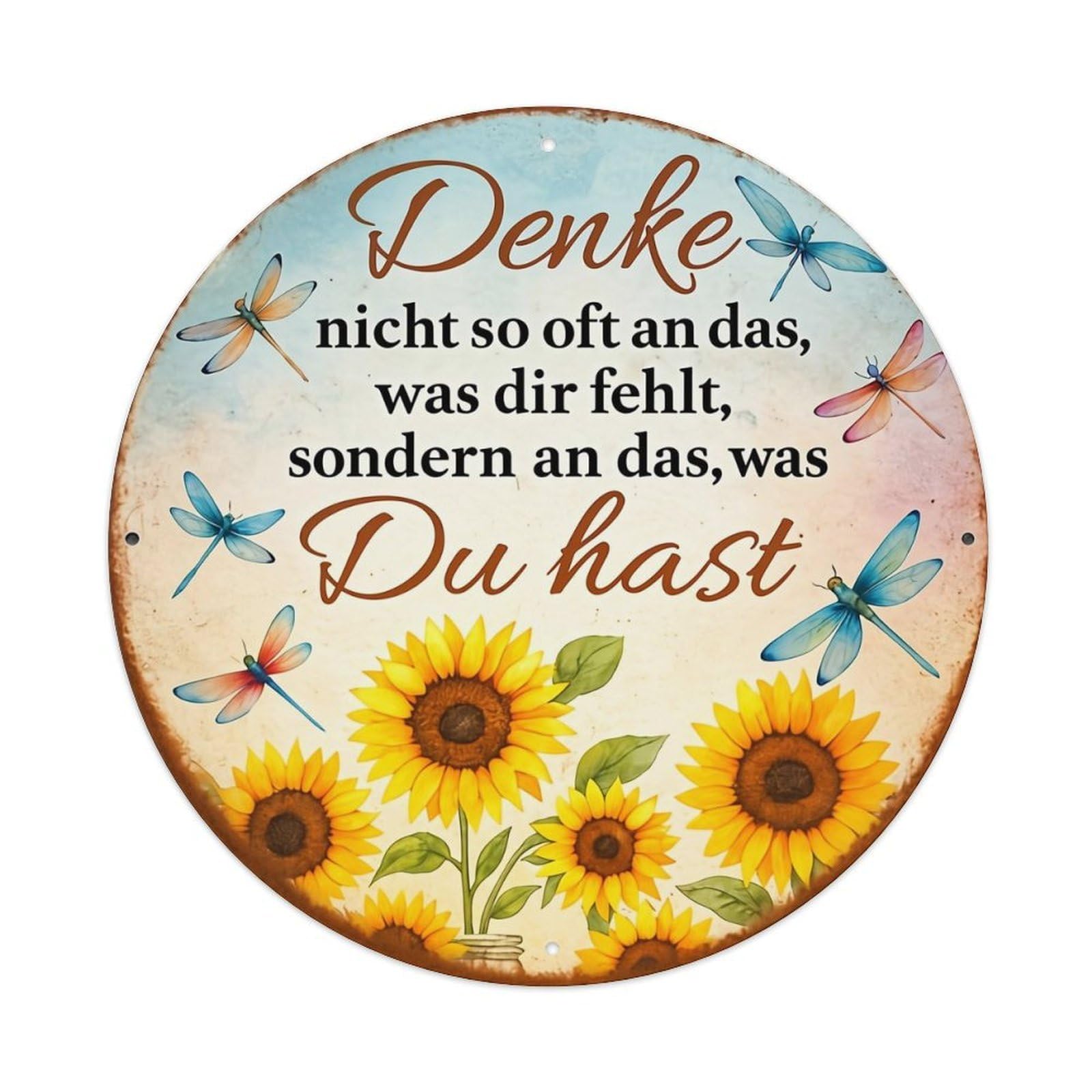 Sunflowers Dragonflies Sky Text Art Vintage Round Tin Sign Retro Metal Wall Decor Metal Poster, Home Bar Garage Cafe Wall Art Decoration 8x8Inches
