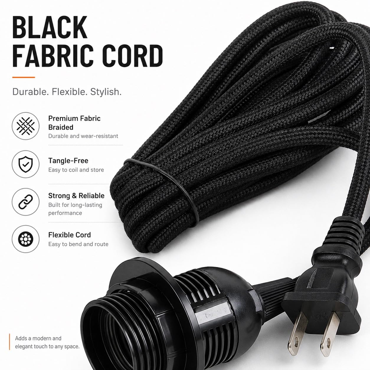 Plug in Fabric Pendant Light Cord with E26/E27 Socket, 15FT Flexible Cable, On/Off Switch, and Lampshade Holder (Fabric Black)