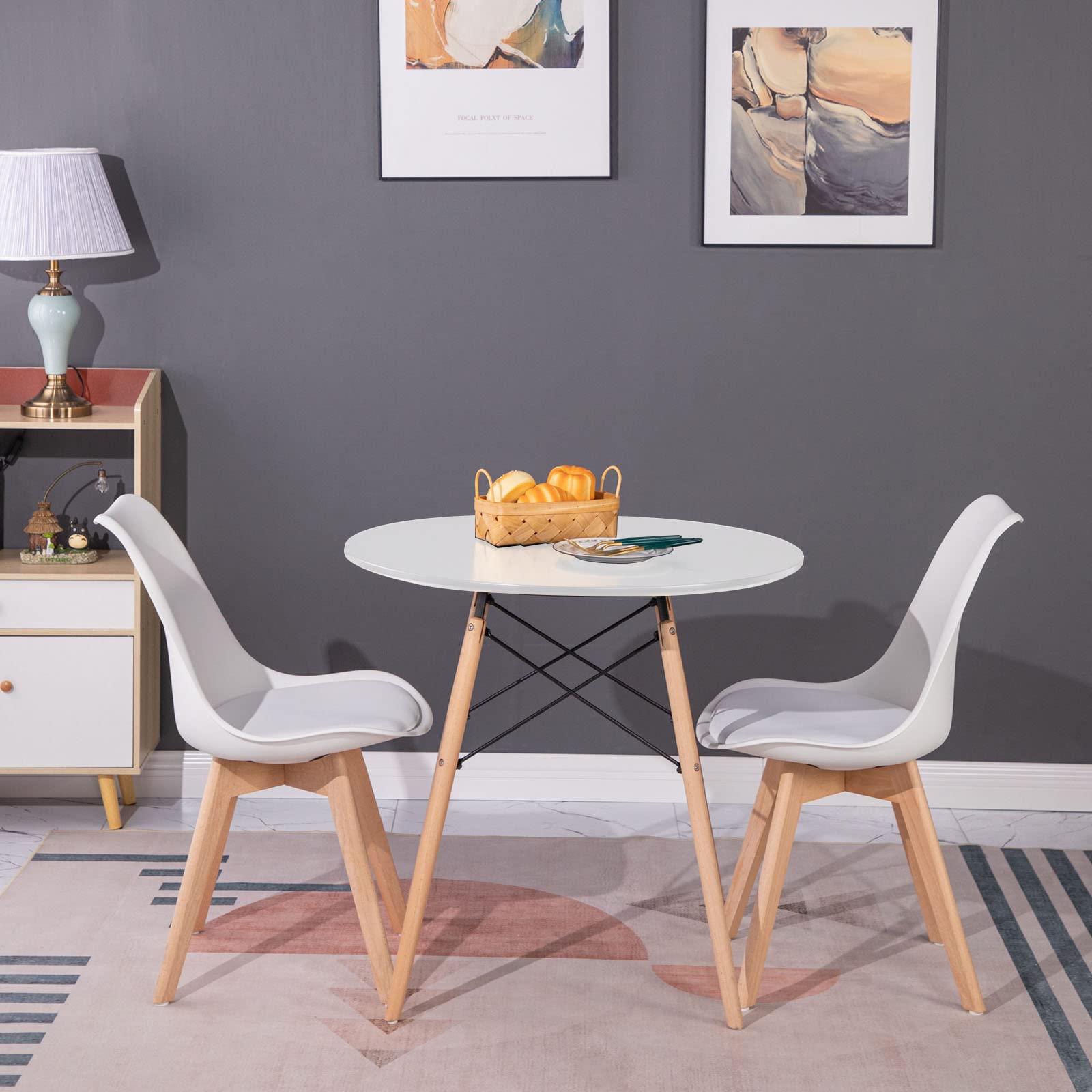 Set aus Runder Tisch mit 2 Weißer Stühlen | Essgruppen Runder Tisch 80 cm, Skandinavisches Design, Massivholzbeine, für Balkon Küche Büro Esszimmer, Weiß Stühlen