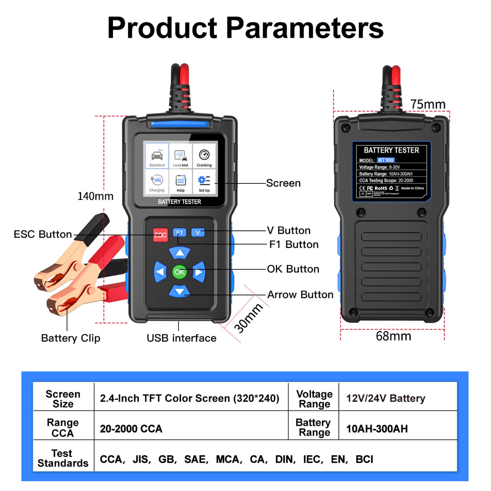 12V / 24V Tester Batteria Auto per Tesla Model 3 Model X Model Y Model S, Tester Digitale con Display LCD Controllo Salute Batteria Auto Batterie Analizzatore di Batterie