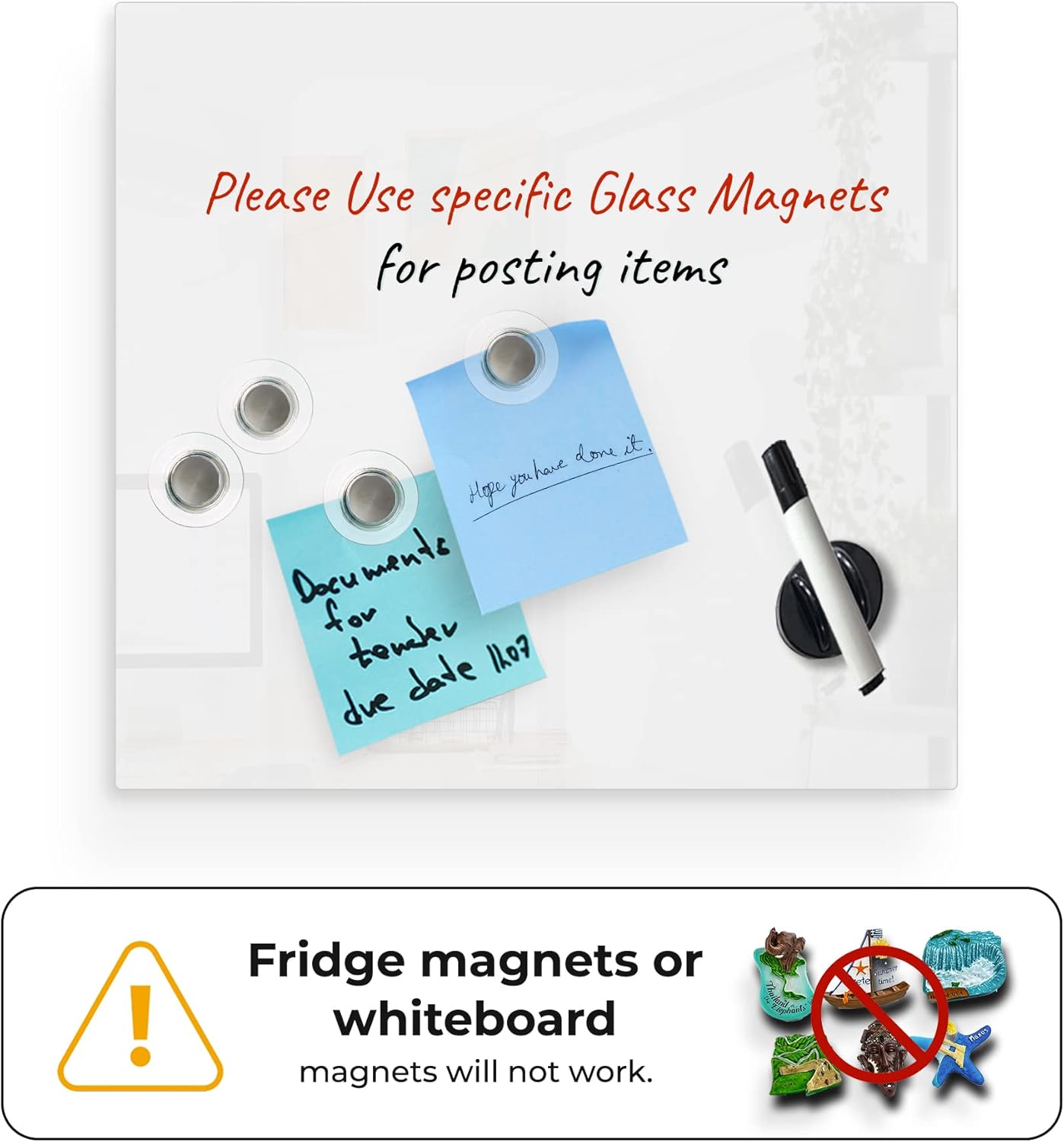 Magnetic Eraser Black Board 16" X 16" Inches Eased Corners - White Low Iron Glass