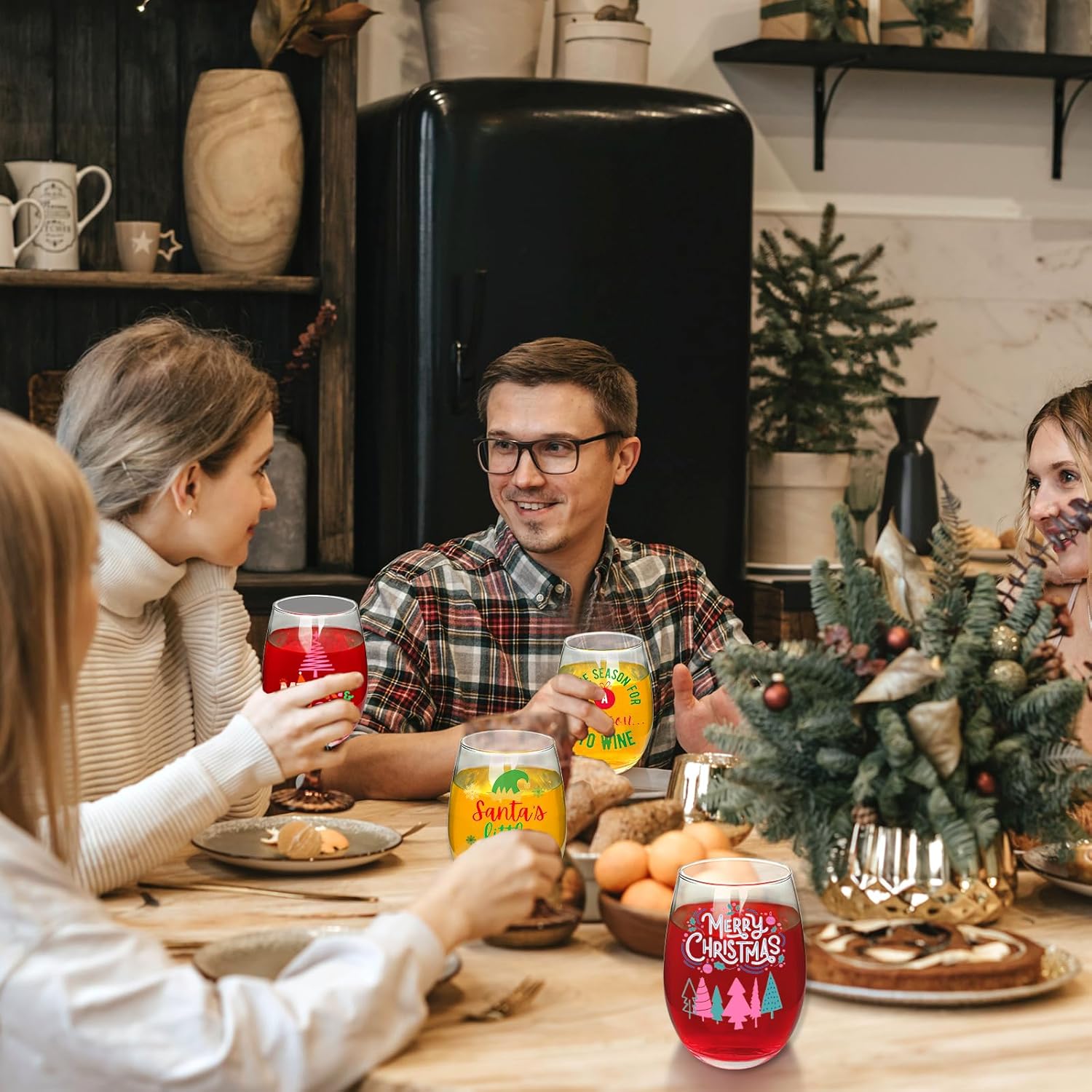 CNVOILA 18oz Christmas Wine Glasses, Funny Christmas Glasses Drinkware, Set of 4 Friendsgiving Wine Glasses for Women - White Elephant Gifts for Adults - Image 5