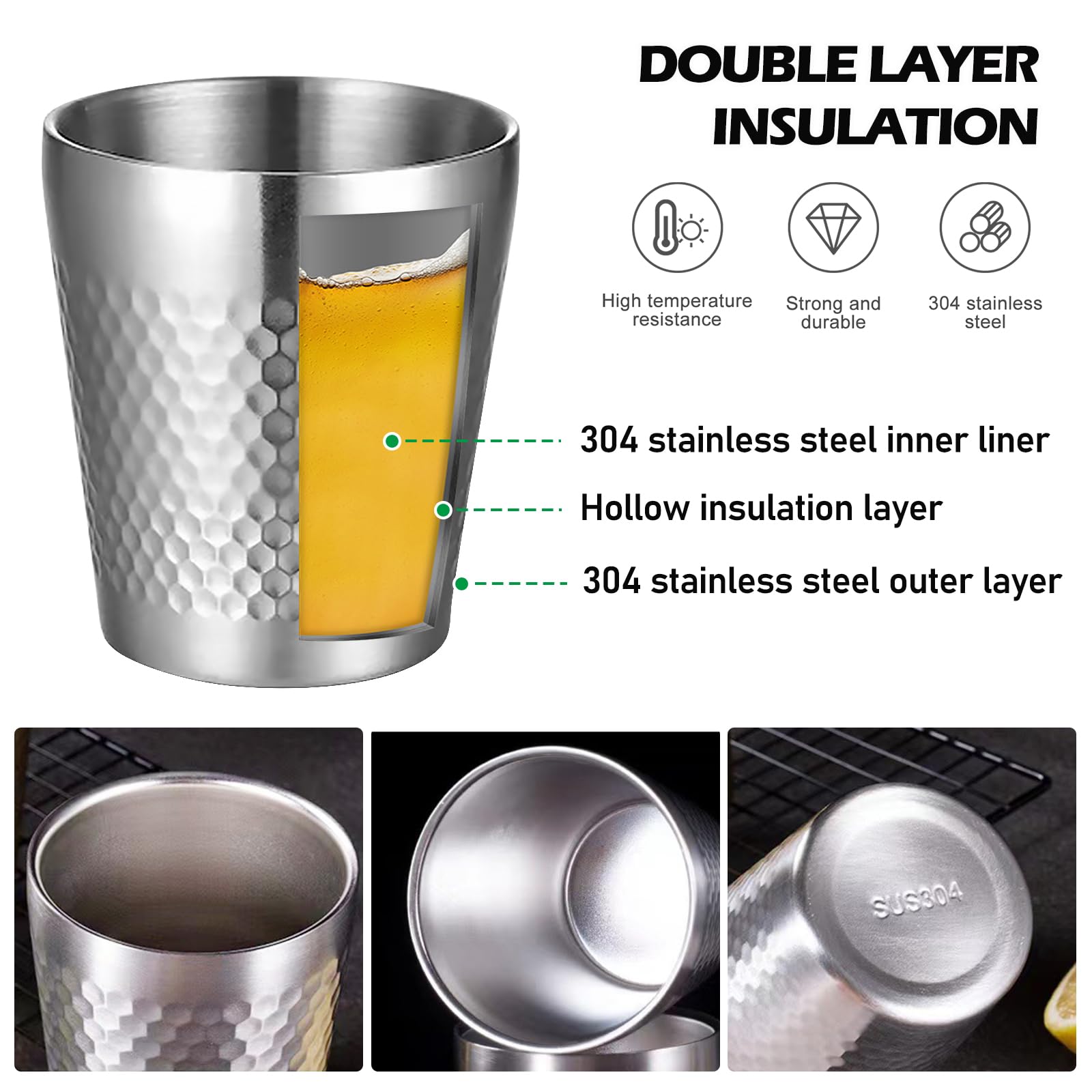 PORFOYO 5 sztuk kubków ze stali nierdzewnej, 300 ml, metalowe kubki ze stali nierdzewnej, podwójne ściany, metalowe kubki do picia, ze stali nierdzewnej, kubki kempingowe, nietłukące się, do domu, na