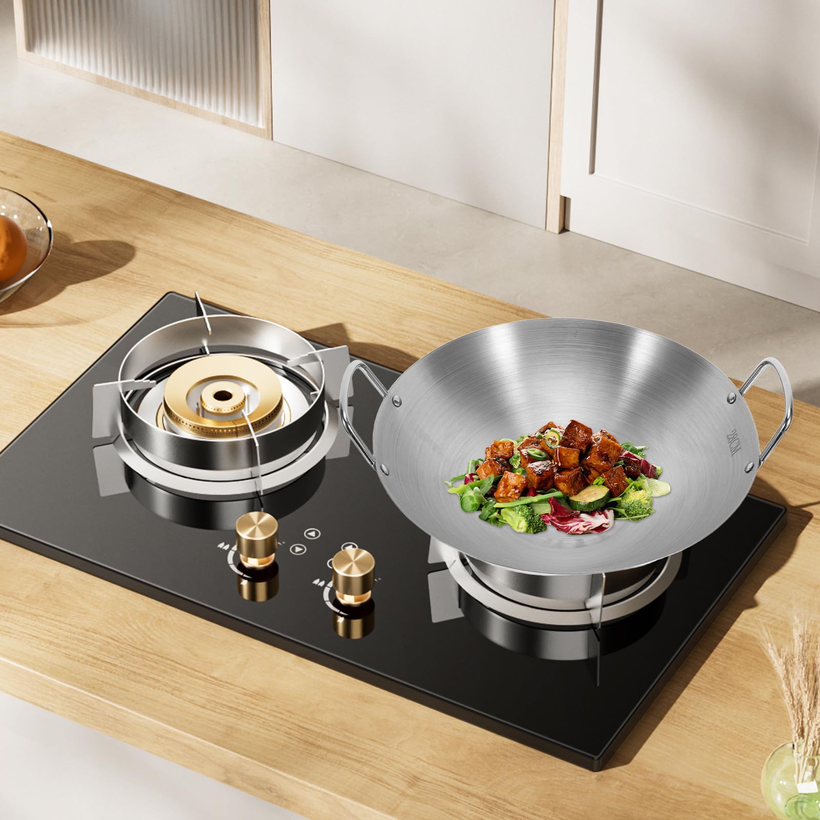 Gadpiparty Wok in Acciaio Inossidabile Fondo Rotondo per Cottura Uniforme, Grande Capacità Argento, fare Bbq e Patate Fritte
