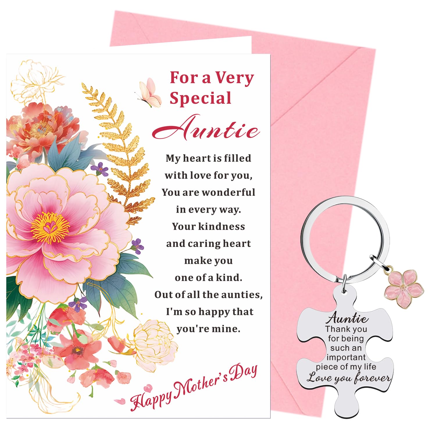 XINDY Auntie Mothers Day Card, Happy Mothers Day Card Keyring Mother's Day Auntie Gifts form Niece or Nephew with Envelope