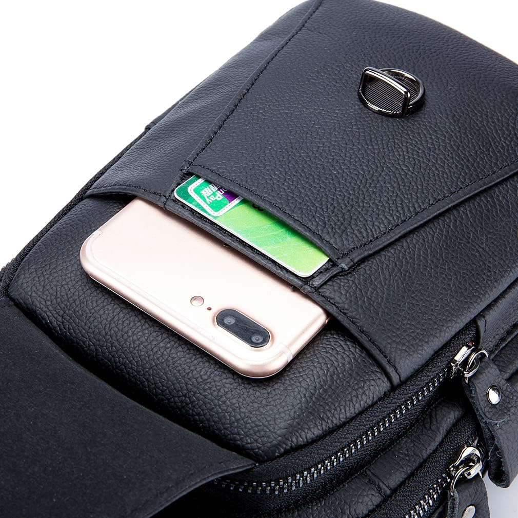 Hebetag Leather Sling Bag Crossbody Backpack for Men Women Outdoor Travel Work Shoulder Chest Pouch Camping Casual Daypack Black 18cm(W) x8cm(D) x30cm(H)(7.08"x3.14"x11.81") approx;