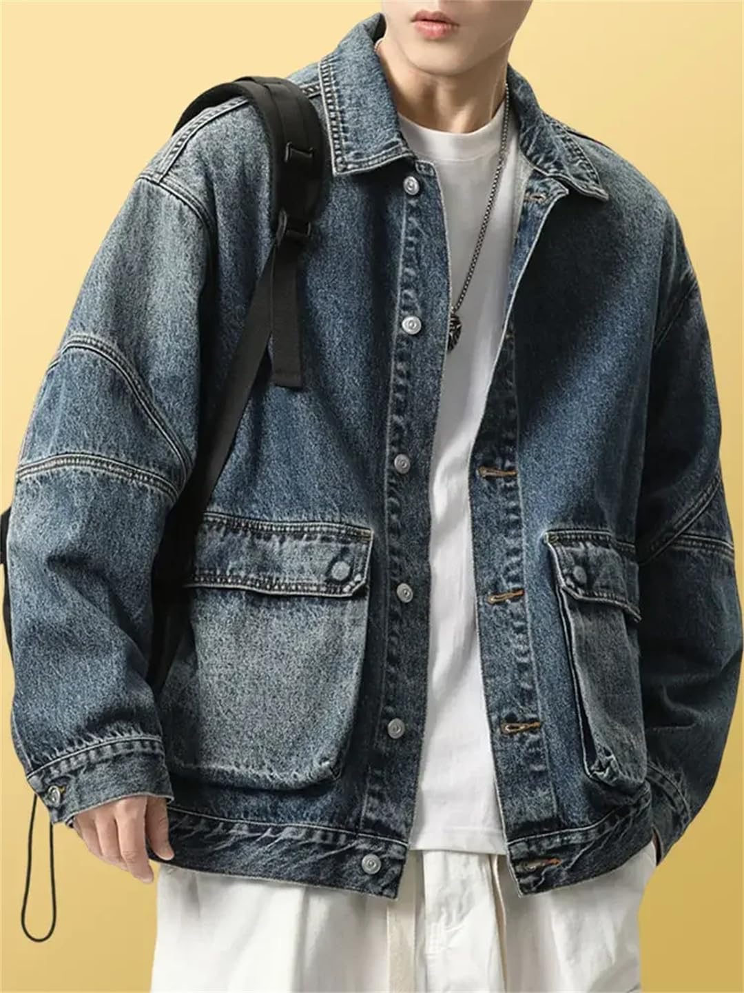 Generic Men's Autumn Vintage Washed Heavyweight Loose Workwear Jacket High Street Large Pockets Streetwear Denim Jacket Black 70 XXXL