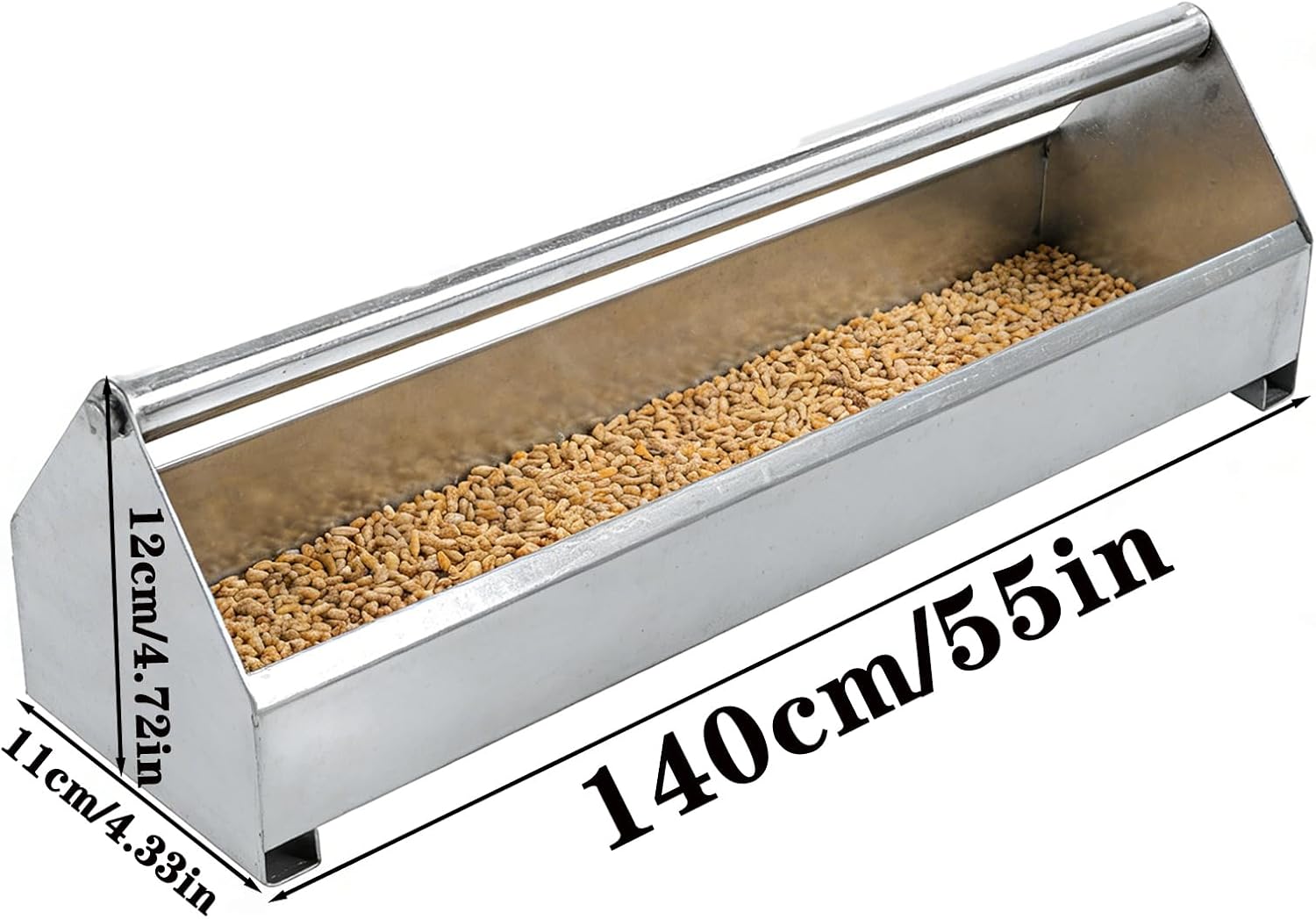 40in / 47in / 55in Chicken Feeding Trough, Heavy Duty Stainless Steel Feeder with Crossbar, Large Capacity Poultry Feeder Trough Poultry Feeding Trough for Chickens, Pigeons,Silver,140cm