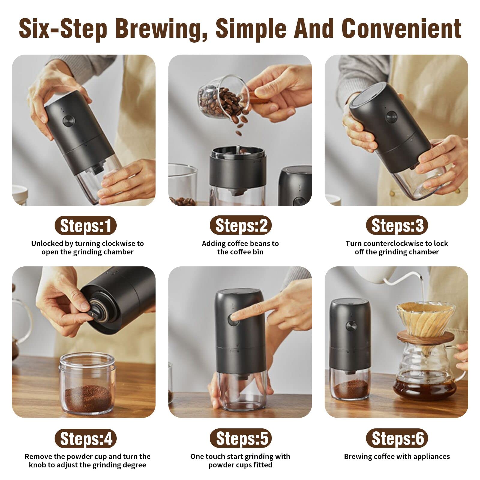 GreHom Moulin à Café Électrique avec Meule en Céramique Portable Rechargeable Coffee Grinder Rugosité Réglable Capacité 30g pour Grains de Café