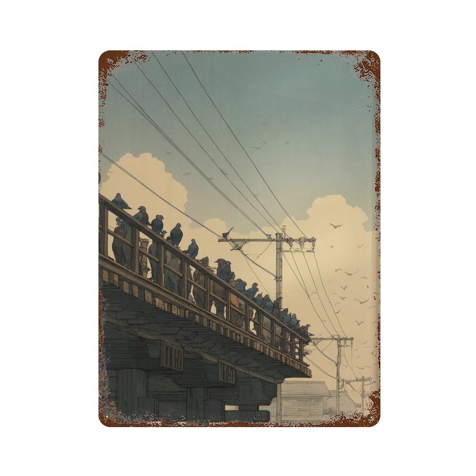 xiaoxiaoshen Bridge And Crows. Ukiyo Wall Decor Art Metal Tin Poster Modern Home Decor Art Home Bar Shop Decorations Vintage Sign 40x30cm