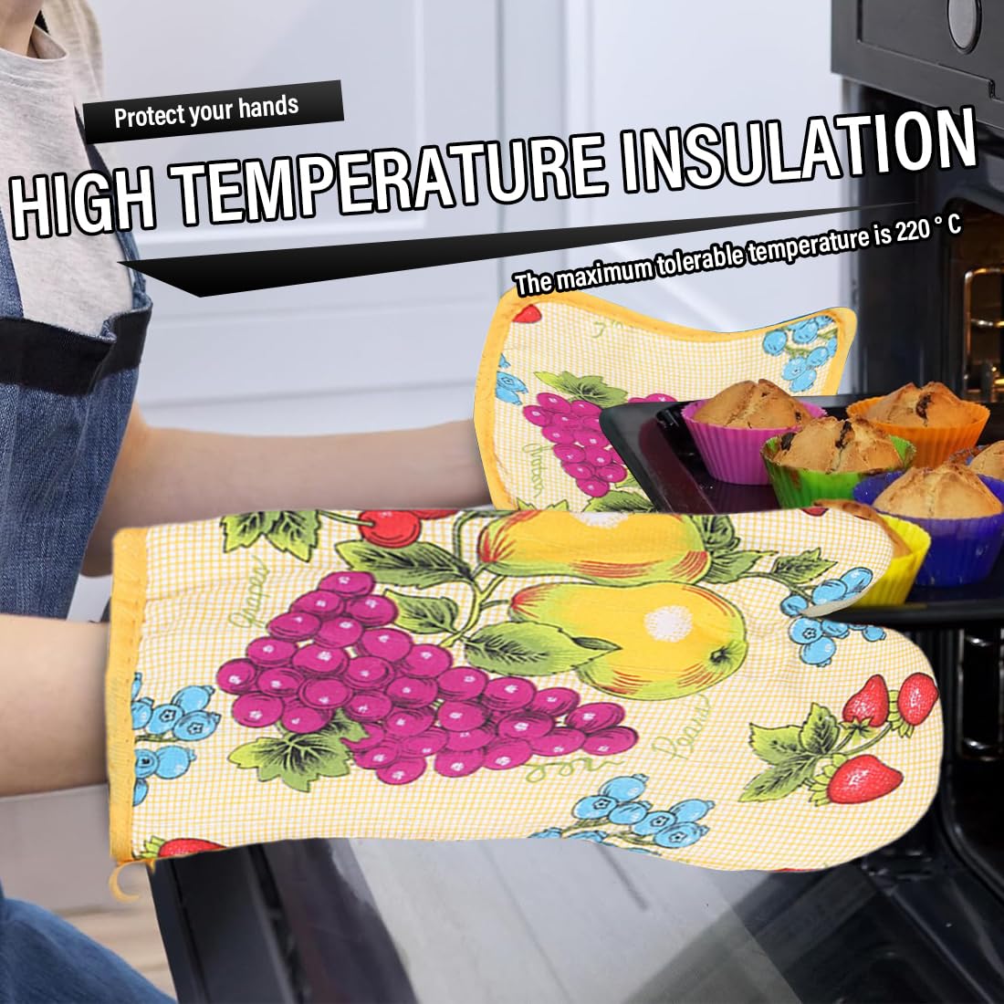 Set Da 2 Guanti Da Forno E 2 Presine In Poliestere &ndash; Resistenti Al Calore Fino A 250&deg;C, Antiscivolo, Design Floreale 'Super Mamma' Per Natale E Cucina