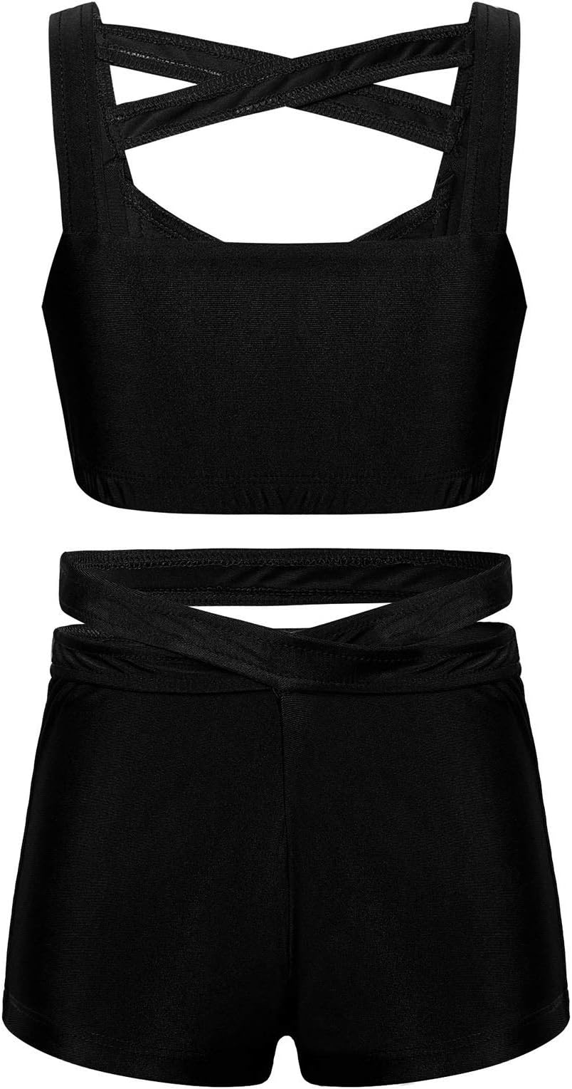 KaermKids Big Girls Strappy Sports Bras Top with Shorts Set Activewear for Dance/Workout/Gymnastics/Fitness Leotard Tracksuit Black 12 Years