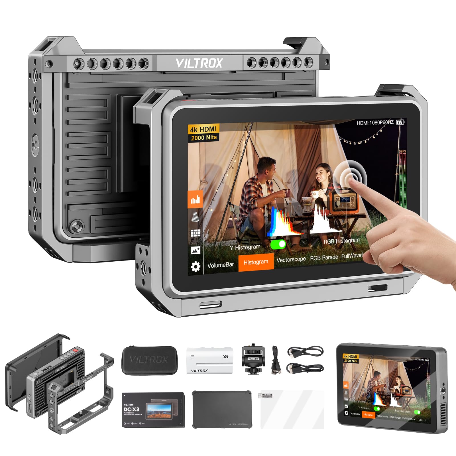 VILTROX DC-X2 Cage 6" monitor polowy do kamery SDI 2000nits Super Bright Widoczny zewnętrzny monitor do ekranu dotykowego DSLR 4K z osłoną przeciwsłoneczną baterii 2200 MAh do Sony Canon Nikon