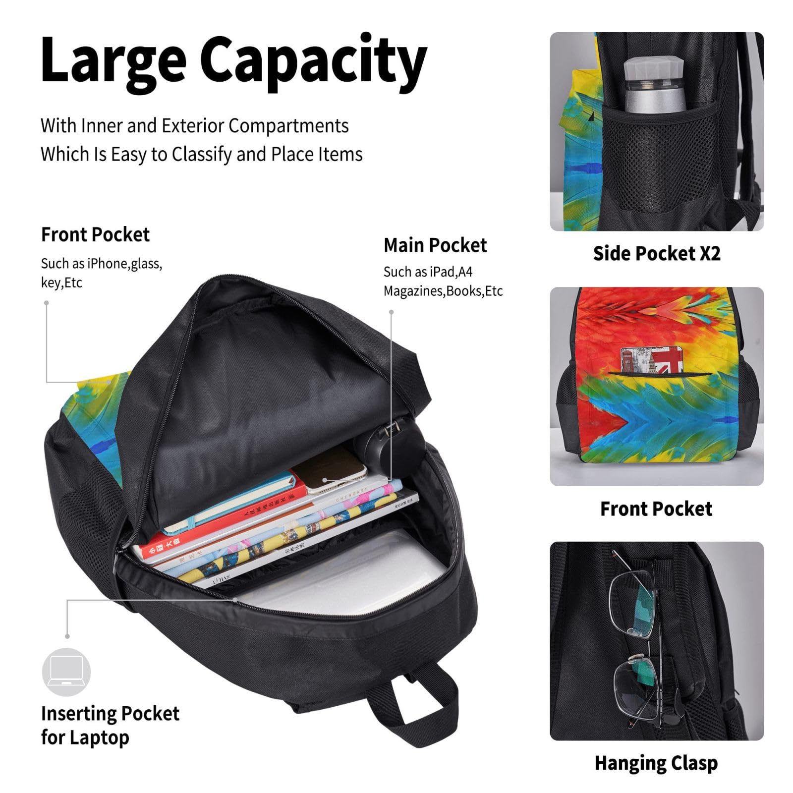 Juego de 3 mochilas escolares con estampado de plumas de loro, gran capacidad, resistente al agua, con bolsa de almuerzo aislada y estuche para lápices, para adolescentes de secundaria