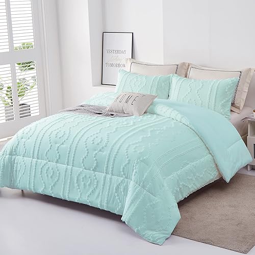 Miniatura 2 de Luxudecor Juego de edredón bohemio con textura azul, tamaño King, juego de ropa de cama bordado Shabby Chic de 3 piezas, edredón ultrasuave para