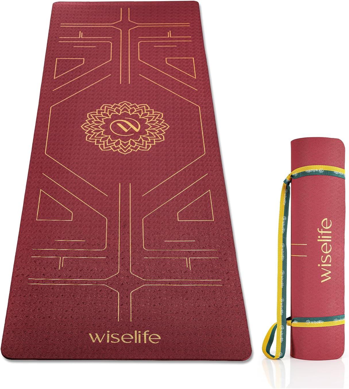 Wiselife Tru Body Alignment Yoga Mat + Sleek Yoga Strap For Men And Women | Non-Slip Textured Extra Wide & Thick | Pro Balance Tpe Exercise Mat For Home, Pilates, Gym & Fitness (6Mm, Wine)