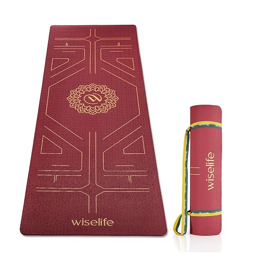 Wiselife Tru Body Alignment Yoga Mat + Sleek Yoga Strap For Men And Women | Non-Slip Textured Extra Wide & Thick | Pro Balance Tpe Exercise Mat For Home, Pilates, Gym & Fitness (6Mm, Wine)