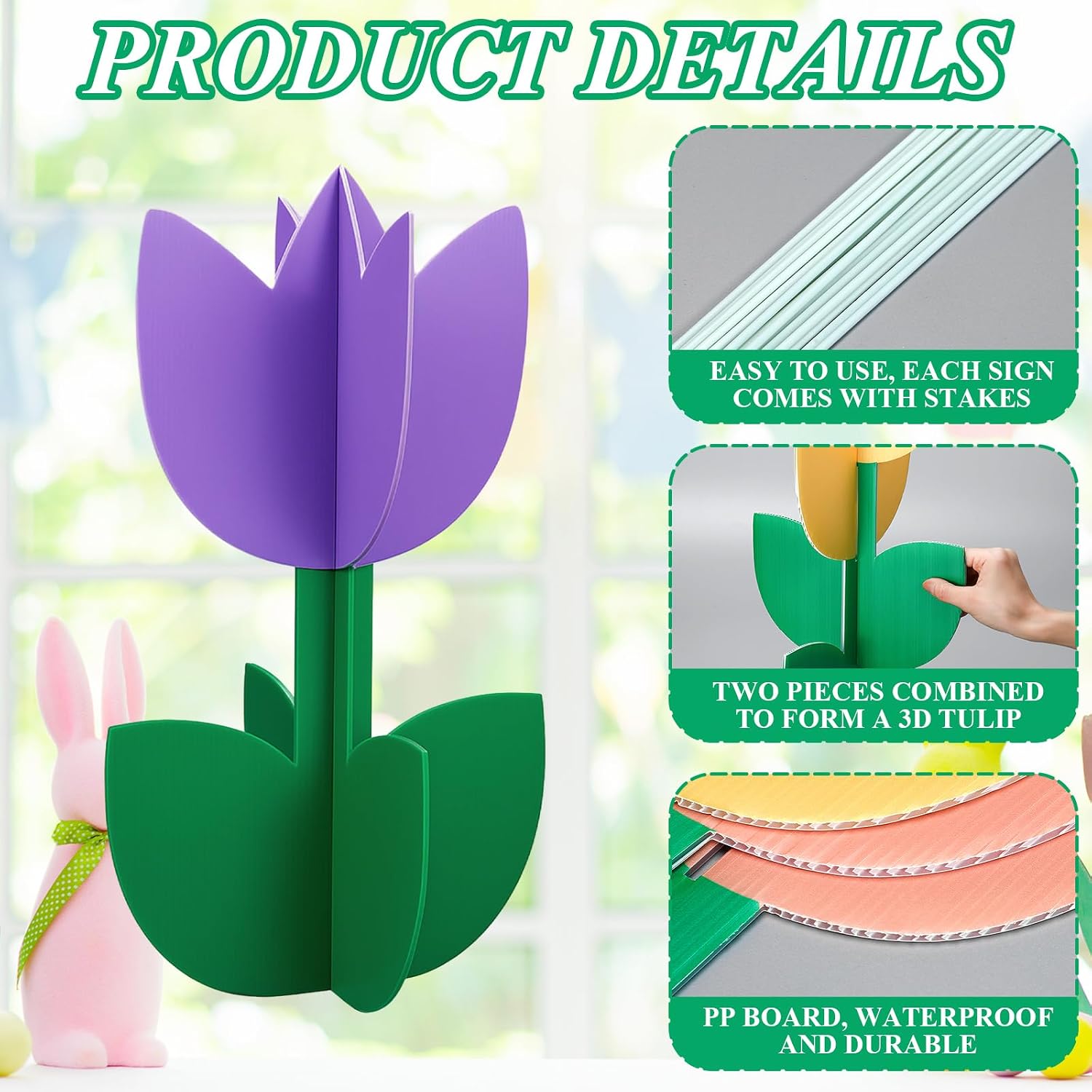 4 Pcs Large 3D Outdoor Tulips Yard Signs 23.62 Inch and 15.75 Inch Rustic Giant Paper Flowers Decoration Farmhouse Flowers Decoration for Easter Spring Party Office Home Garden