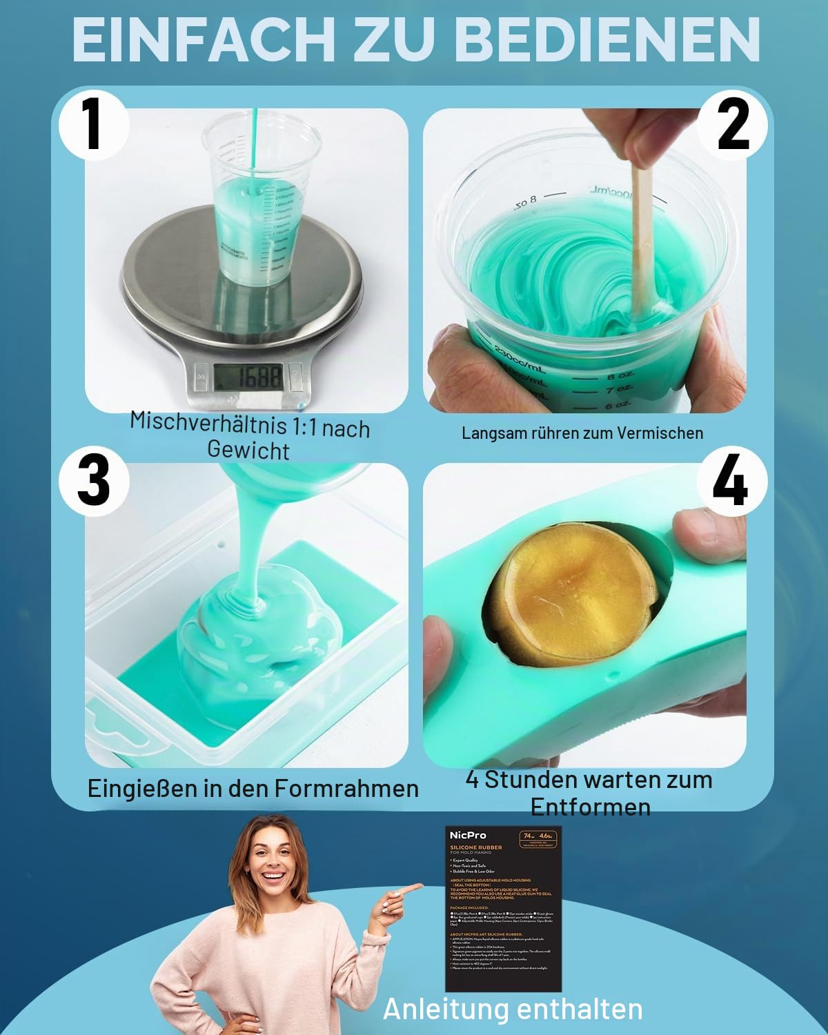 Nicpro 74oz/2188ml Flüssiges Silikon, Silikon Formen Herstellen Kit mit Formgehäuse und Mischbechern, Mischverhältnis 1: 1 Jadegrüne Farbe Abformsilikon für Harzforme, Seifenform, Basteln