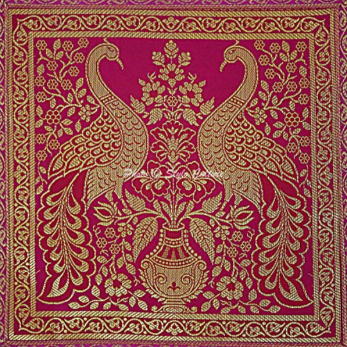 Image of Decorative Brocade Cushion Cover 16x16 Inch Banarasi Jacquard Weave Magenta & Gold Living Room Decor Peacock Traditional Square 40x40 cm Zippered Sofa Settee Pillowcase -1 Pc