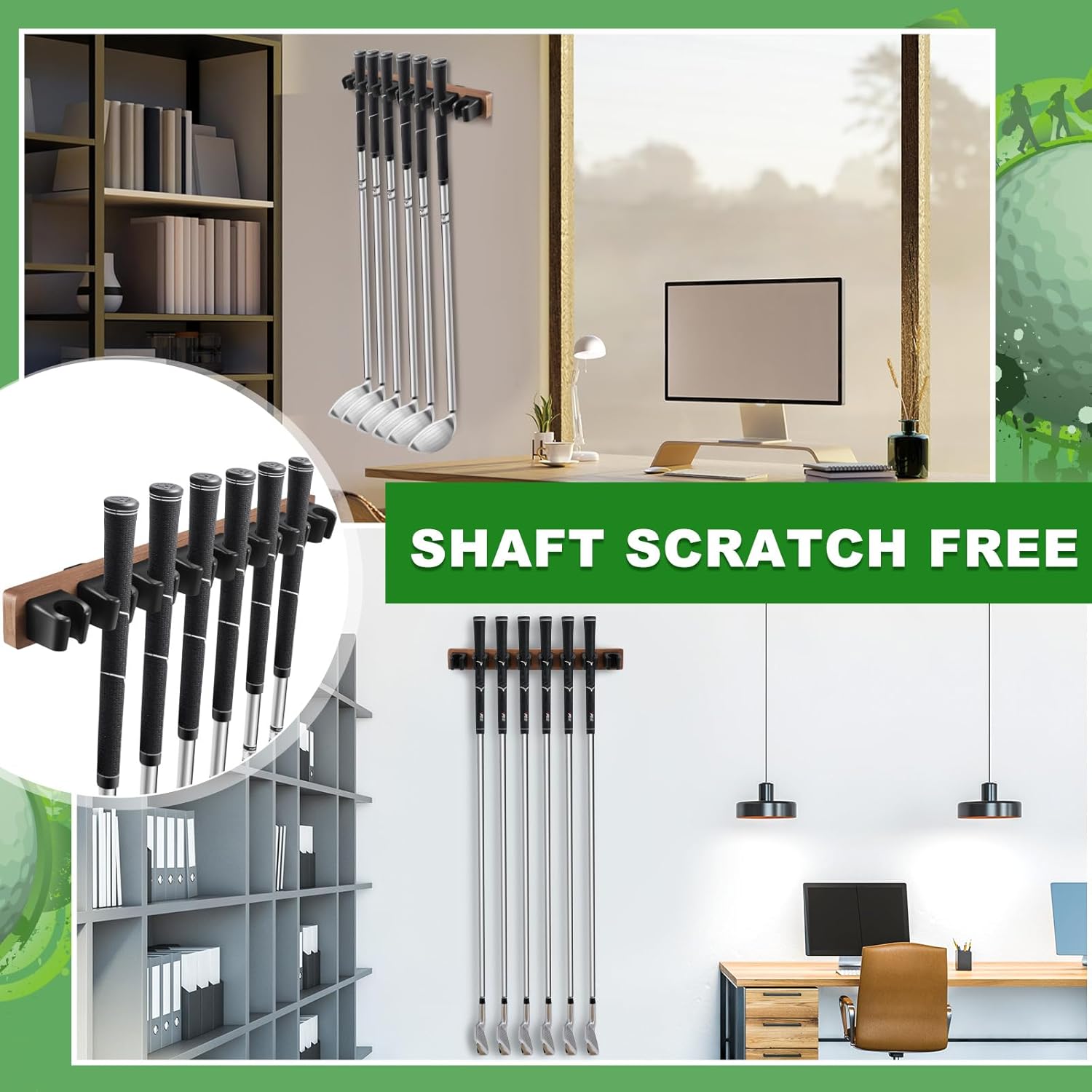 Blueweenly Wooden Golf Club Holder Wall Mount 8 Clips Golf Club Rack Hanger Organizer for Wall Display Garage Putters with Screws, Grip up Type (Walnut Color)