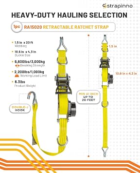 STRAPINNO Retractable Ratchet Tie-Down Strap - 1.5 in x 20 ft Heavy-Duty Strap with Double-J Hooks, D Rings, Tangle-Free Webbing, 6,600lbs Breaking Strength and 2,200lbs Working Load Limit (1 PC)