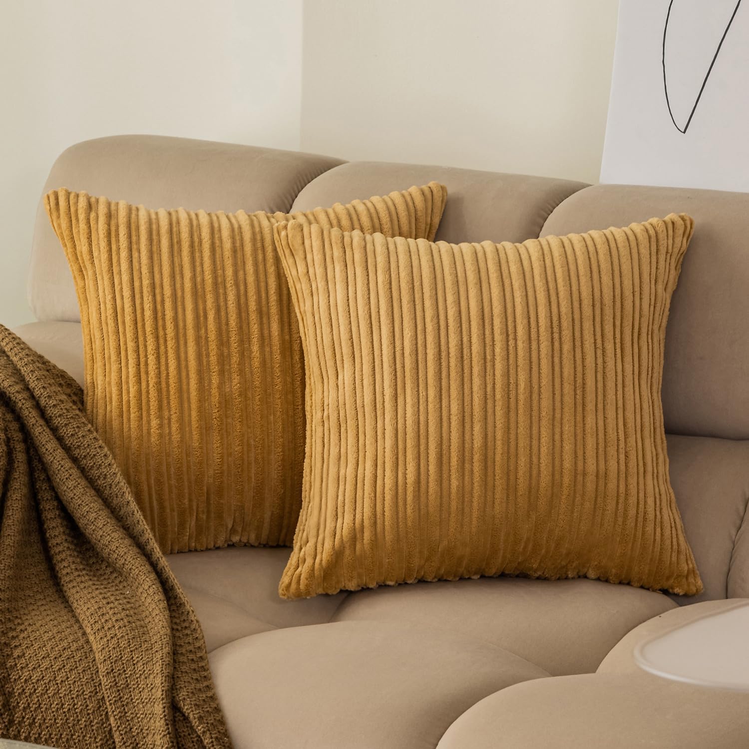 Kevin Textile Euro Sham Striped Corduroy Textured Velvet European Throw Pillowcase for Couch, 22 x 22 inch (55cm), 2 Pack, Khaki 22" x 22" Khaki