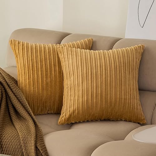 Kevin Textile - Juego de 2 fundas de almohada decorativas de pana a rayas sólidas para sofá 24 x 24 pulgadas color caqui rosado bebé, Negro, Marrón,