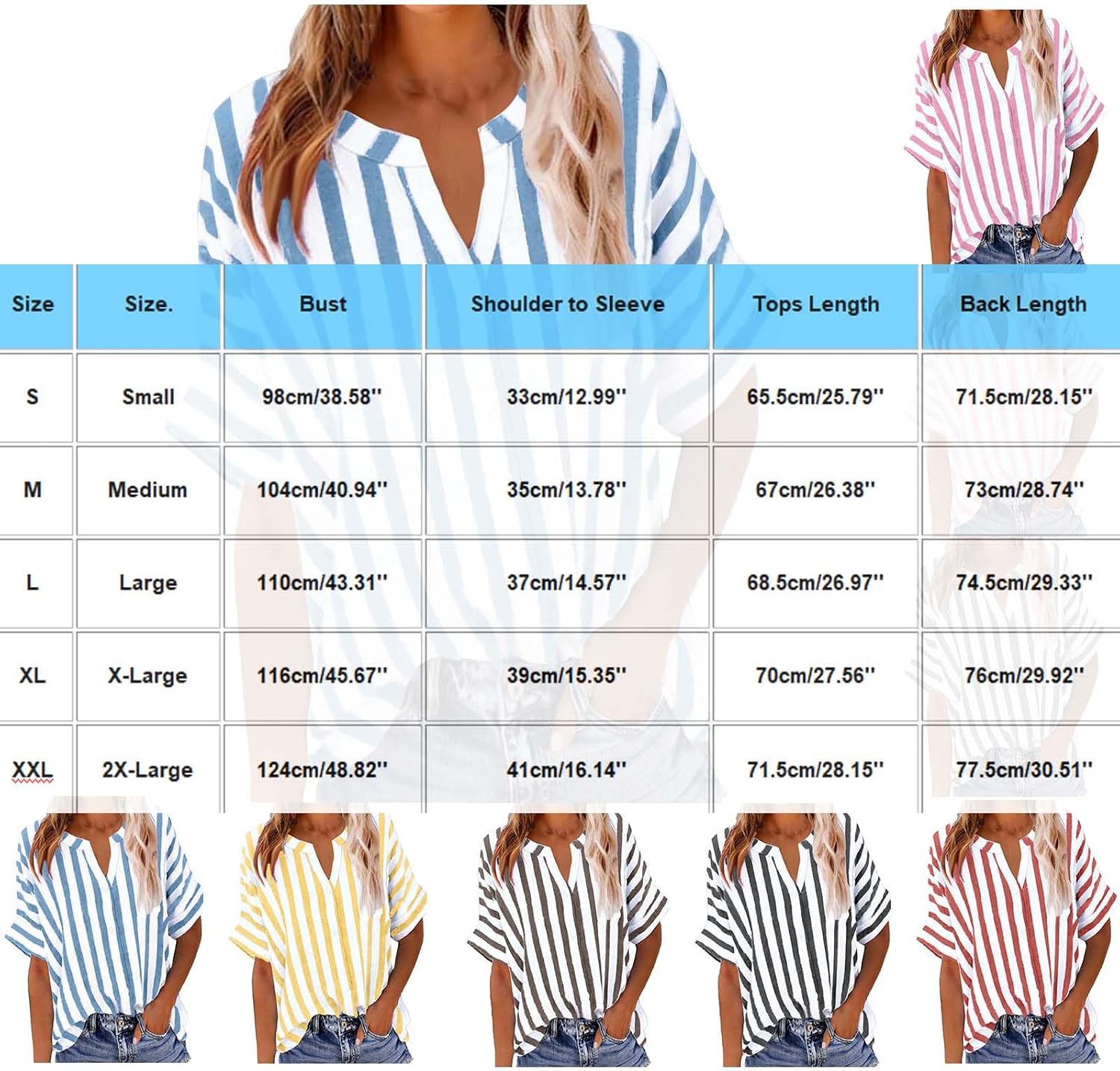 Womens Short Sleeve Shirts V Neck Dressy Casual Blouses Summer Beach Vacation Loose Fit Striped Tops with Pocket