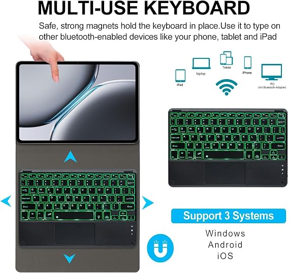 Keyboard Case for OnePlus Pad Pro 12.1'' / OnePlus Pad 2 12.1'' 2024, Magnetic Detachable Wireless Bluetooth 7 Colors Backlit Touchpad Keyboard and Ultra-Thin PU Stand Case with Mouse