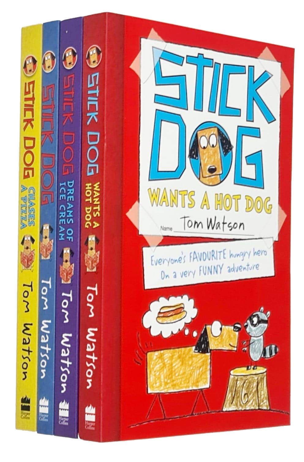 Tom Watson Stick Dog Collection 3 Books Set, (Stick Dog Chases A Pizza, Stick Dog Wants a Hot Dog and Stick Dog)