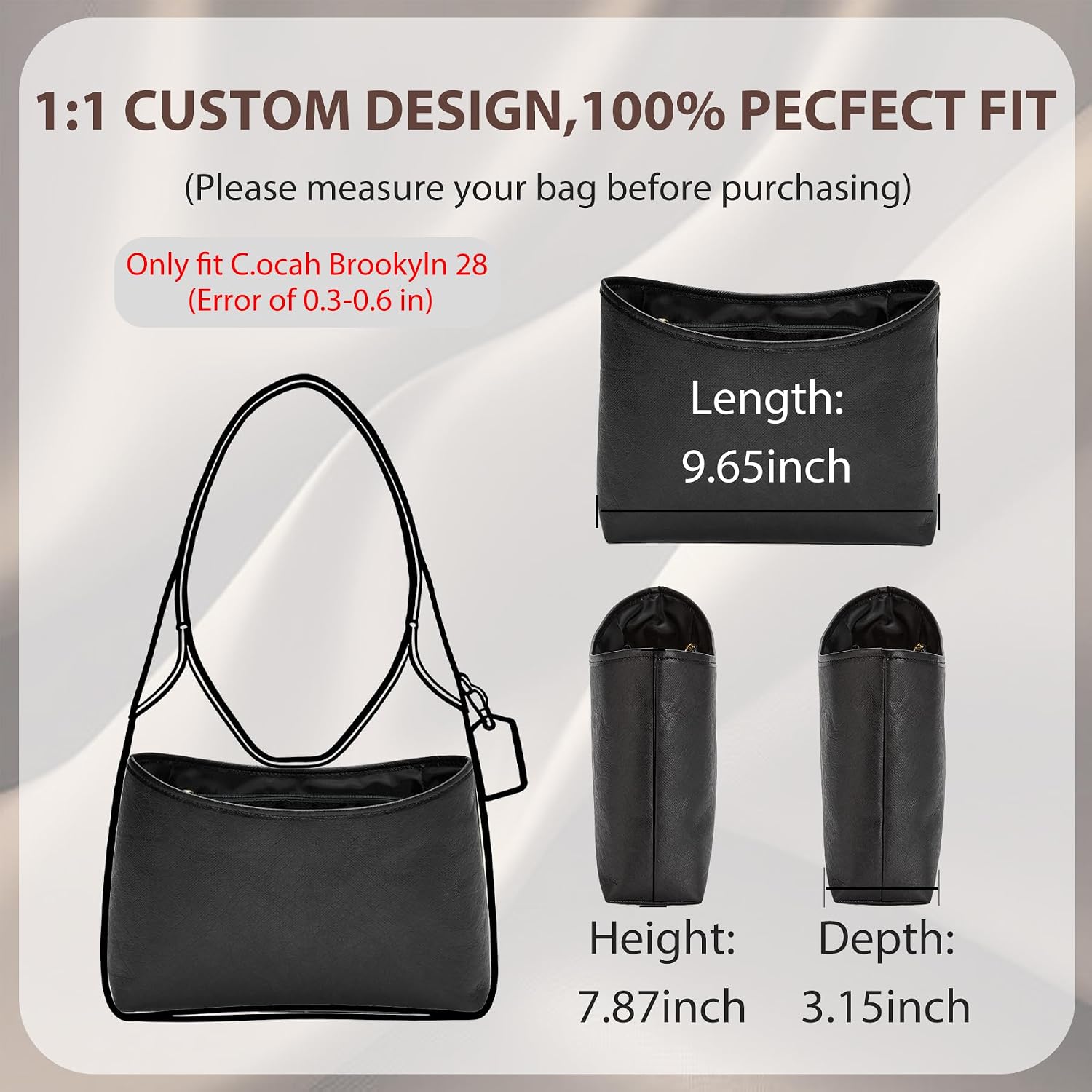 Doxo Brooklyn 28 Bag Organizer Insert, Waterproof Purse Organizer Insert for Coach Brooklyn Shoulder Bag 28, Lightweight Tote Bag Insert with 5 Compartments Zipper Pocket Elastic Holders (Black)