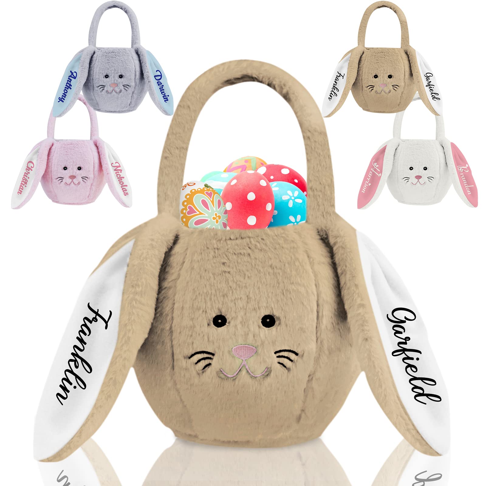 Personalized Buny Easter Basket with Name Custom Plush Easter Baskets for Kids Brown