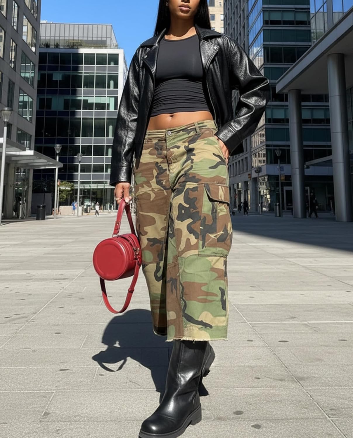 Voghtic Women's Barrel Camouflage Pants - Army Fatigue Cargo Wide Leg Baggy Cropped Jeans